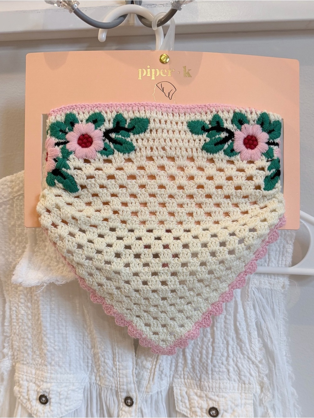Piper K New! Darling Crochet Floral Bandana in Cream and Pink